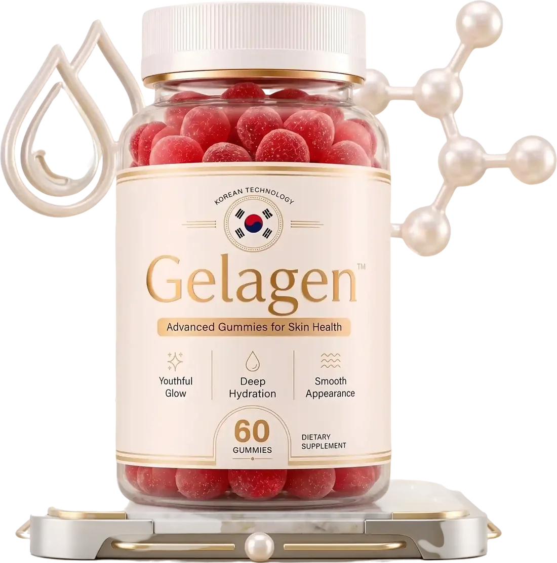 A bottle of Gelagen advanced gummies for skin health, sixty gummies per bottle