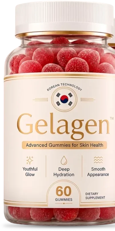The Gelagen bottle, showing the Korean technology roundel and the sixty gummy count